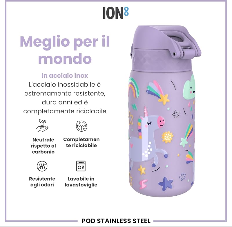 Borraccia Inox Leggero per Bambini, 400ml, Non Isolato, a Prova di Perdite, Facile da Aprire, Serratura Sicura, Lavabile in Lavastoviglie, Facile Pulizia, Durevole e Antigraffio, Unicorni Viola