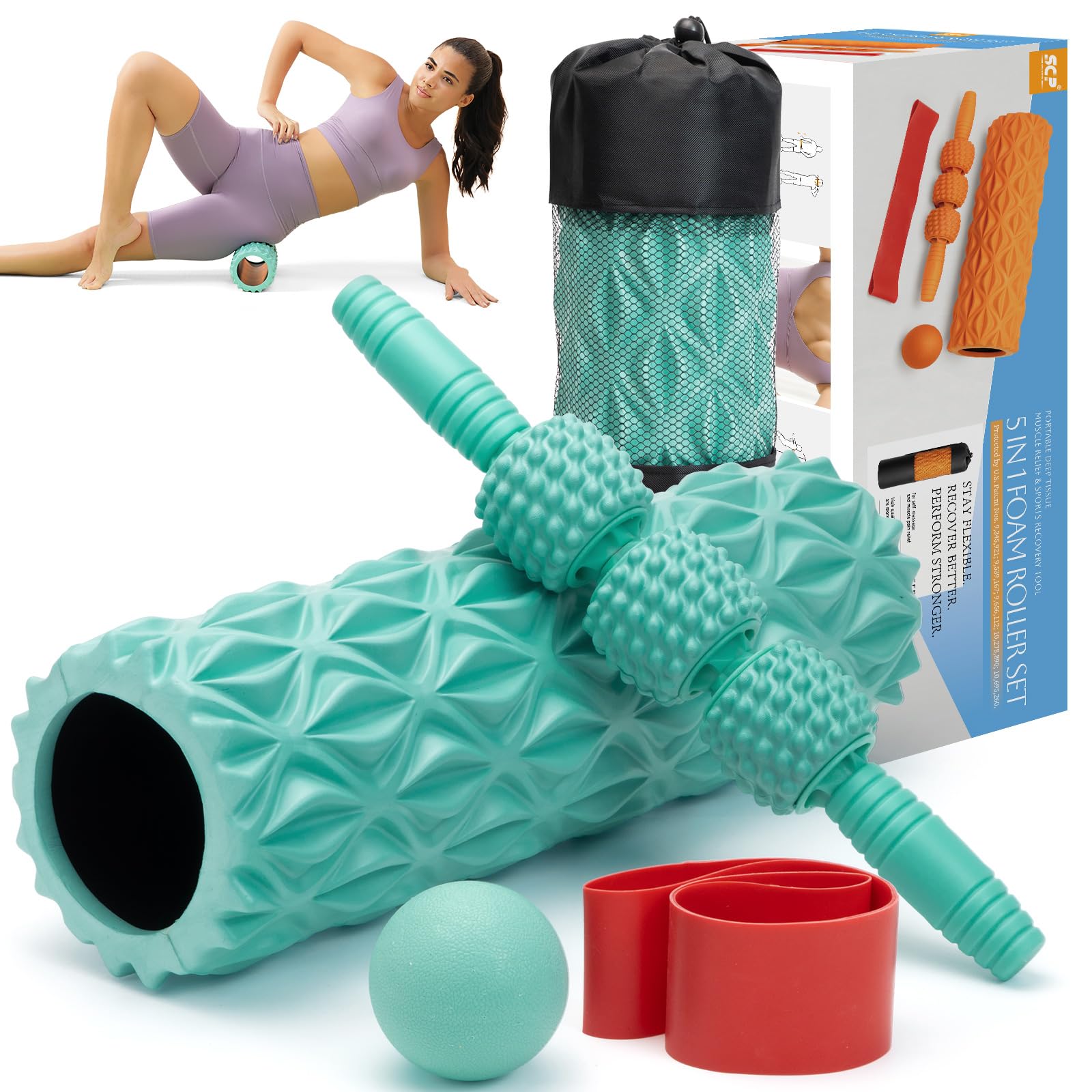Photo 1 of 5 in1 Foam Roller Set, Trigger Point Foam Roller, Massage Roller Stick, Massage Ball, Resistance Band for Deep Muscle Massage Pilates Yoga,Fitness Exercise for Whole Body (Pure Turquoise)