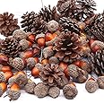 Total 120 Pcs Artificial Acorns and Natural Pinecones Ornament Set for Home House Christmas Decoration Photo Props