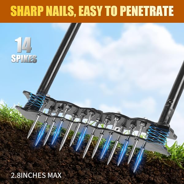 ETSRMI LAWN AERATOR TOOL WITH 14 METAL SPIKES – MANUAL YARD AERATOR WITH SPRING BASE & AUTO LEAF CLEANING FOR SOIL AERATION, LAWN CARE, GRASS HEALTH – HEAVY DUTY AERATOR FOR GARDEN, BACKYARD, PATIO