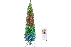 HOMCOM 6ft Prelit Christmas Tree with Colourful DIY Synchronized LED Lights, Hinged Pencil Xmas Tree with Remote, 12 Modes, D