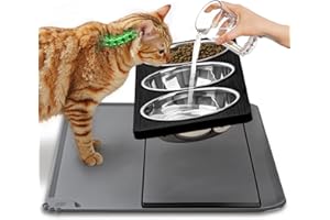 LOPLUREA Elevated Cat Food Bowls with Mat Whisker Friendly, 15°Tilted Raised 3 Stainless Steel Cat Water Dishes Set for Anti Vomit, Black Pet Holder Stand Feeding Station for Indoor Kitten and Puppy