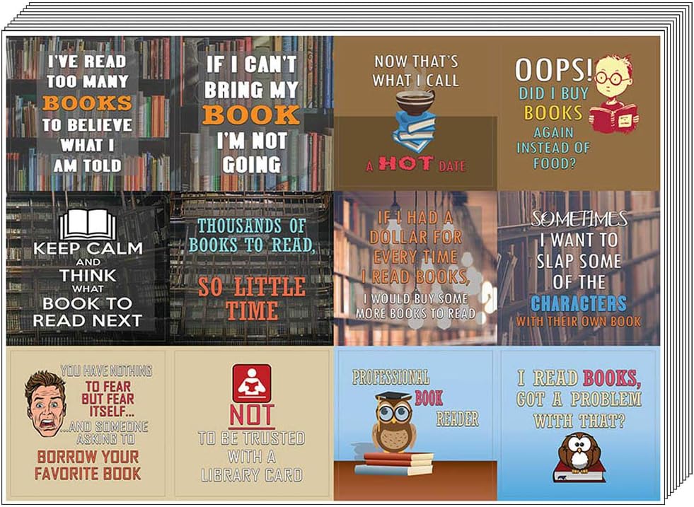 Creanoso Bookish Humor and Sayings (10-Sheet) – Total 120 pcs (10 X 12pcs) Individual Small Size 2.1 x 2. Inches , Waterproof, Unique Personalized Themes Designs, Any Flat Surface DIY Decoration Art Decal for Boys & Girls, Children, Teens
