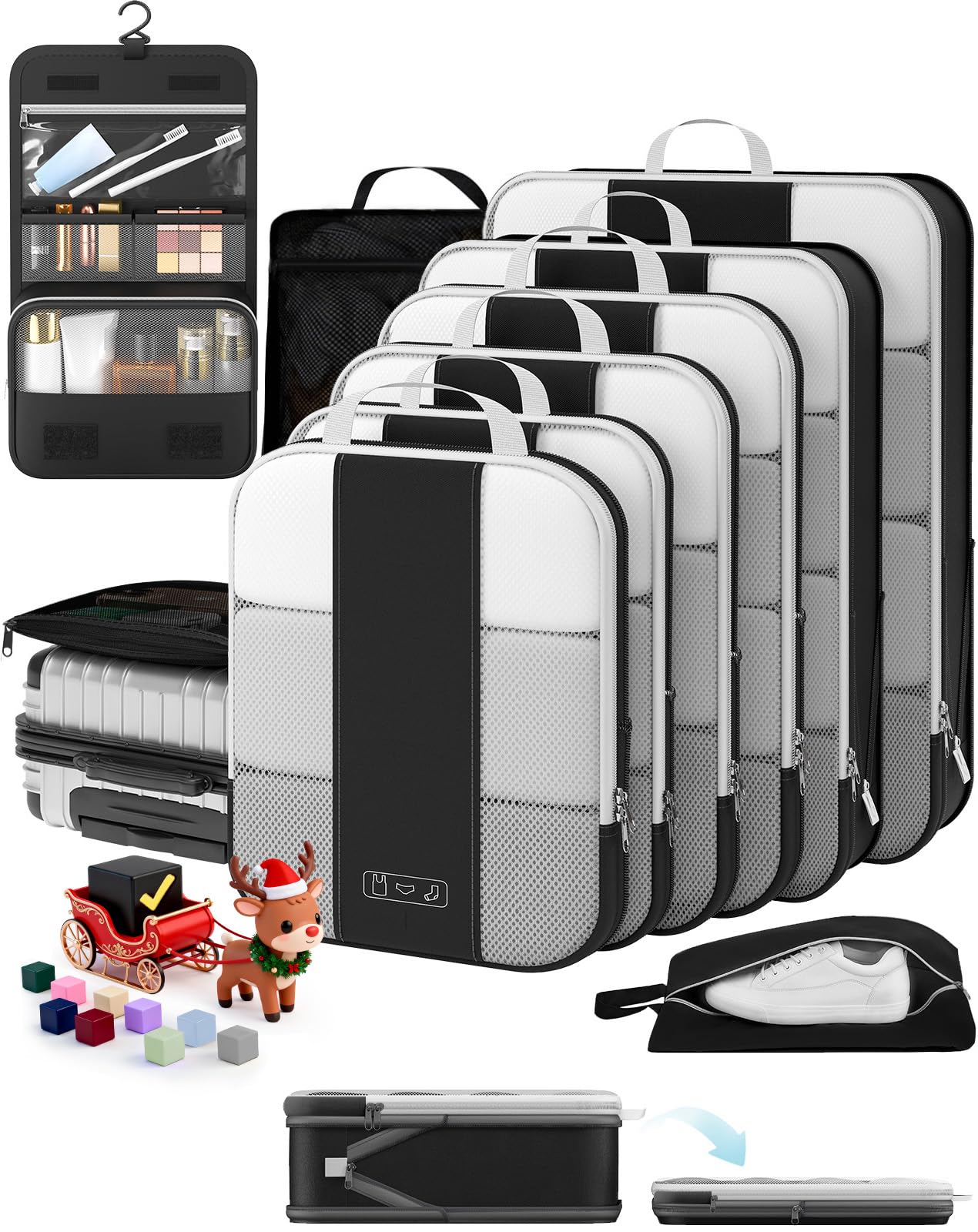 Photo 1 of 10 Set Compression Packing Cubes for Travel Essentials,Compressible Expandable Packing Cubes for Suitcase,OlarHike Luggage Organizer Bags for Travel,Handy Helper for Organizing Clothes(Black)