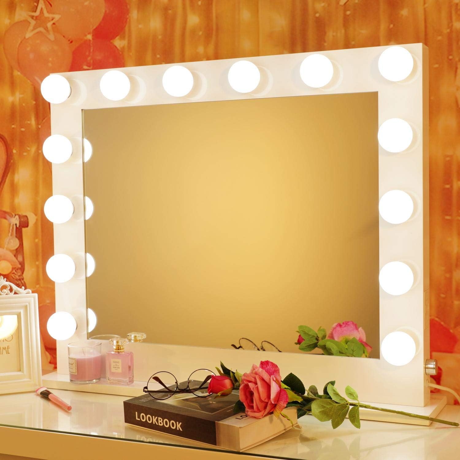 Large Makeup Vanity Mirror with Lights, Professional Light-up Cosmetic Set for Women, Adjustable LED Bulbs, USB Charging Port, Tabletop or Wall-Mounted Use - White, 31.5" W 25.6" H