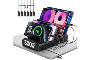 LCSSIO 300W Charging Station for Multiple Devices, 8 Port Multi USB C Fast Charger Station Dock for MacBook iPhone 17/16/15/14/13/12 Samsung Pixel Series iPad, Black (6 Mixed Short Cables Included)