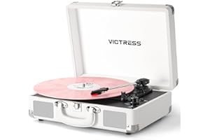 VICTRESS Record Player with Bluetooth Input/Output & Built-in Speakers, Portable Suitcase Record Player with PC Recording, 3-Speed Belt-Drive Turntables, RCA Output, AUX Input, Headphone Jack, White