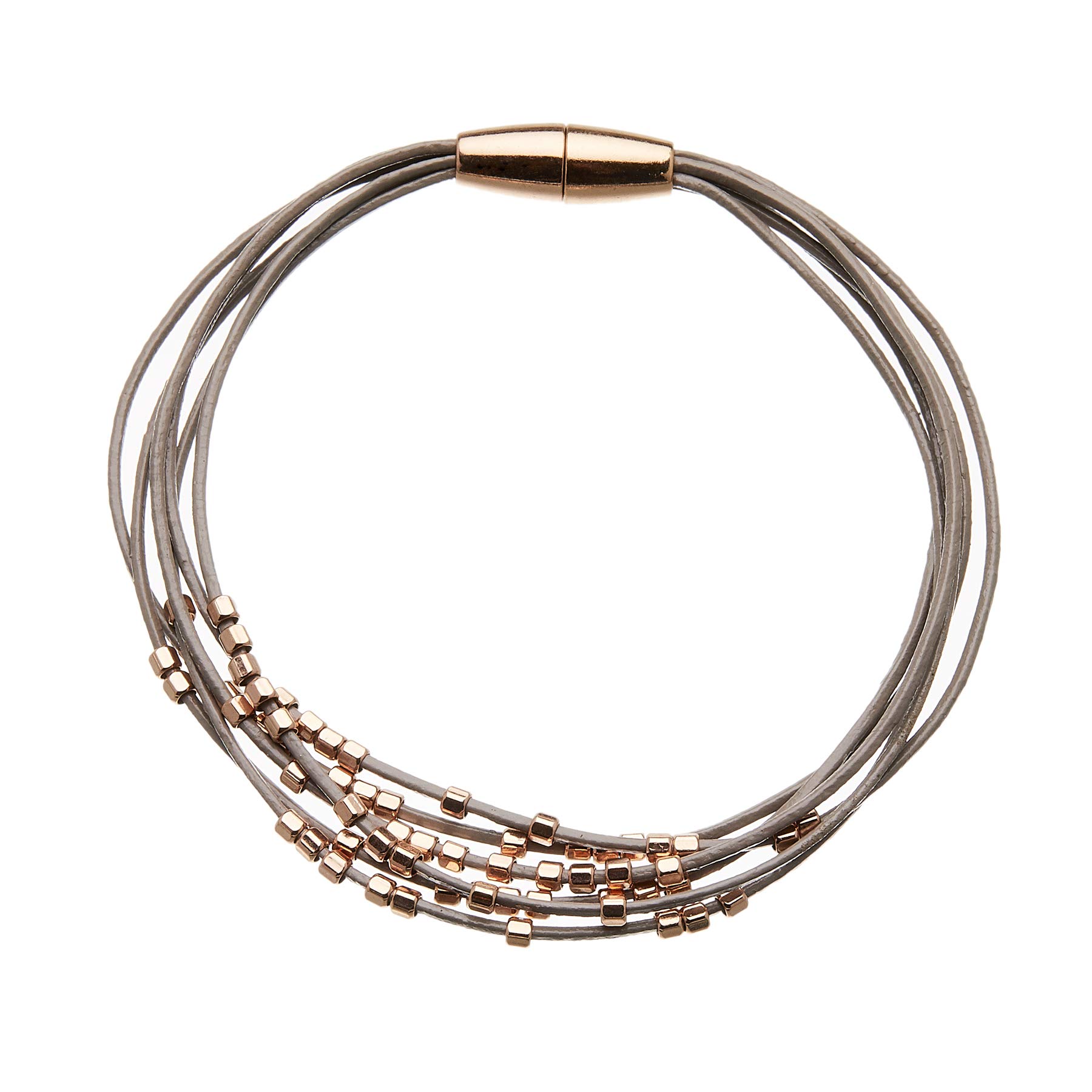 Bello London Grey Leather Bracelet with six thin strands and rose gold plated beads - Reeva RG