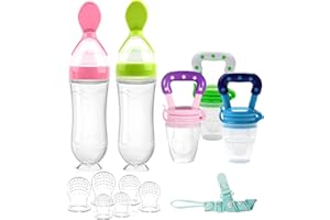 WAJIAYON Food Feeder Baby Fruit Feeder Pacifier (3 Pcs) with 6 Different Sized Silicone Pacifiers 2 PCS Silicone Baby Food Dispensing Spoon 90ML with 2 Baby Spoons Pacifier Clip Infant Fruit Teething Toy-Pink