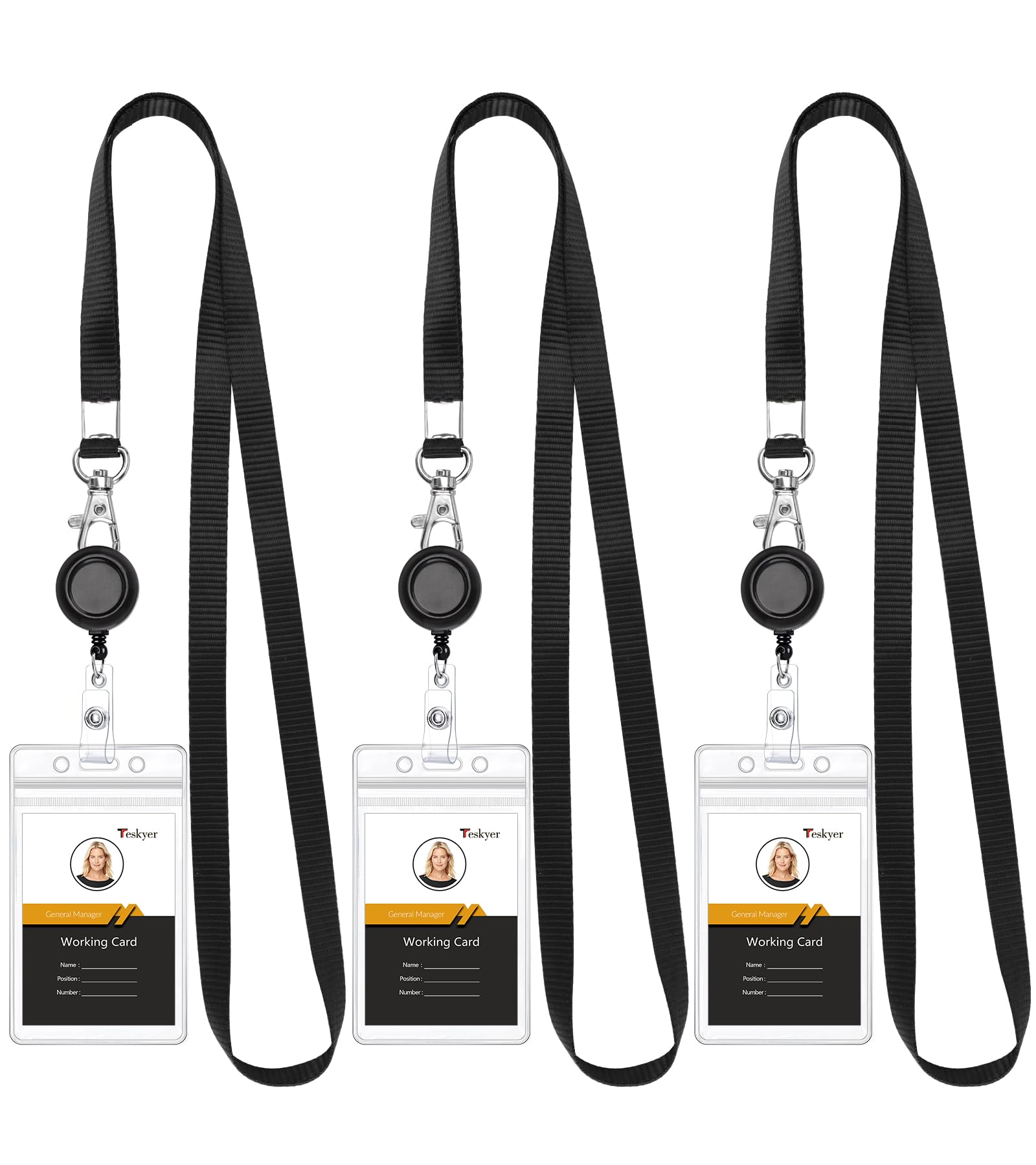 Photo 1 of Teskyer 3 Pack Retractable Lanyards for ID Badges, Thick Clear Plastic ID Badge Holder with Lanyard and Badge Reel Clip for Name Work Cards, Cruise Ship Cards - Black