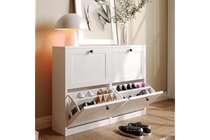 VOWNER Shoe Cabinet with 4 Flip Drawers, Freestanding Shoe Storage Cabinet with Adjustable Shelf & Anti-Tipping Device, Shoe Rack for Entryway, Hallway, Living Room (White)