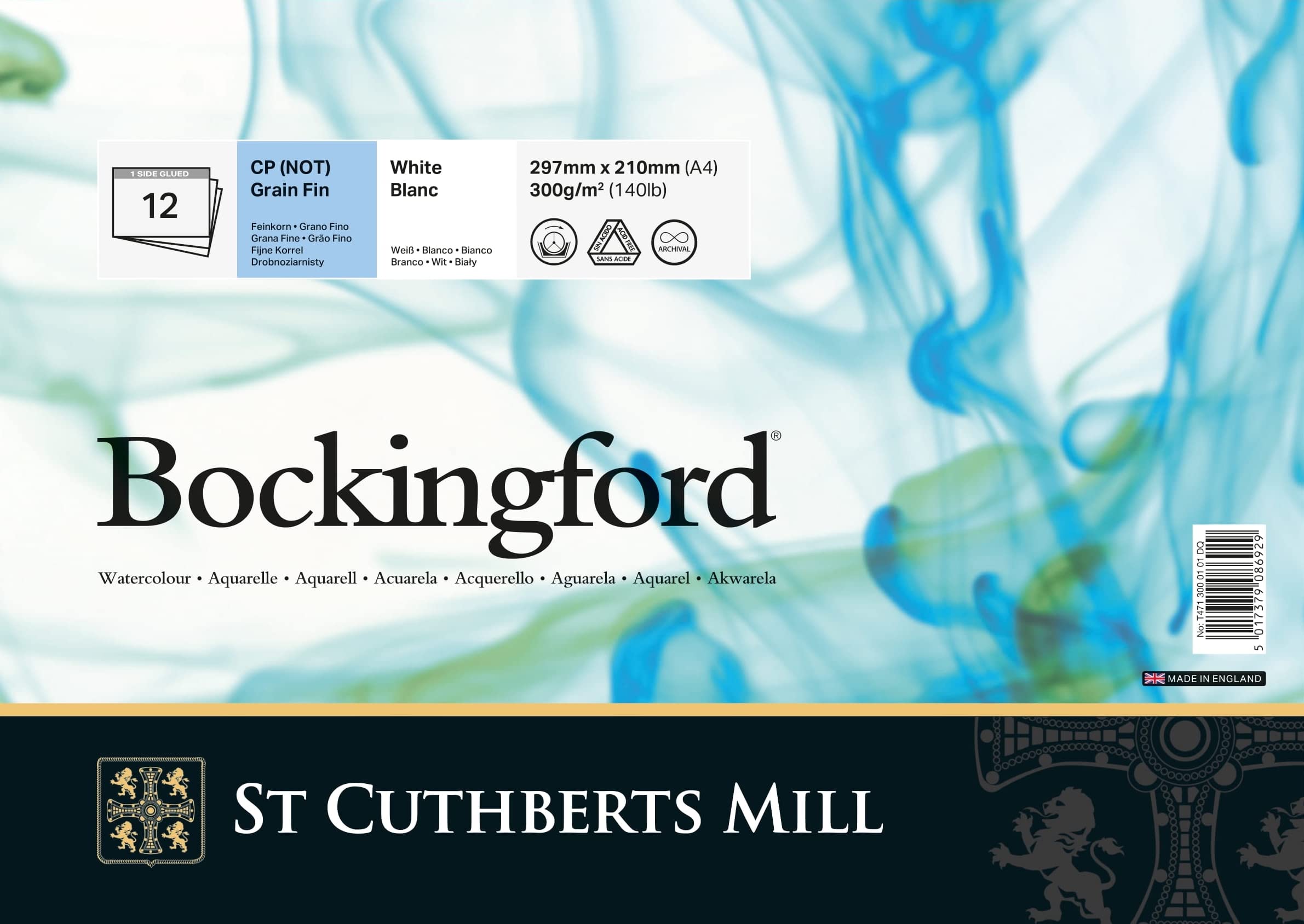 BOCKINGFORD ST Cuthberts Watercolour Paper Pad, Long Side A4,12 Sheets, White, Fine Grain, 300gm