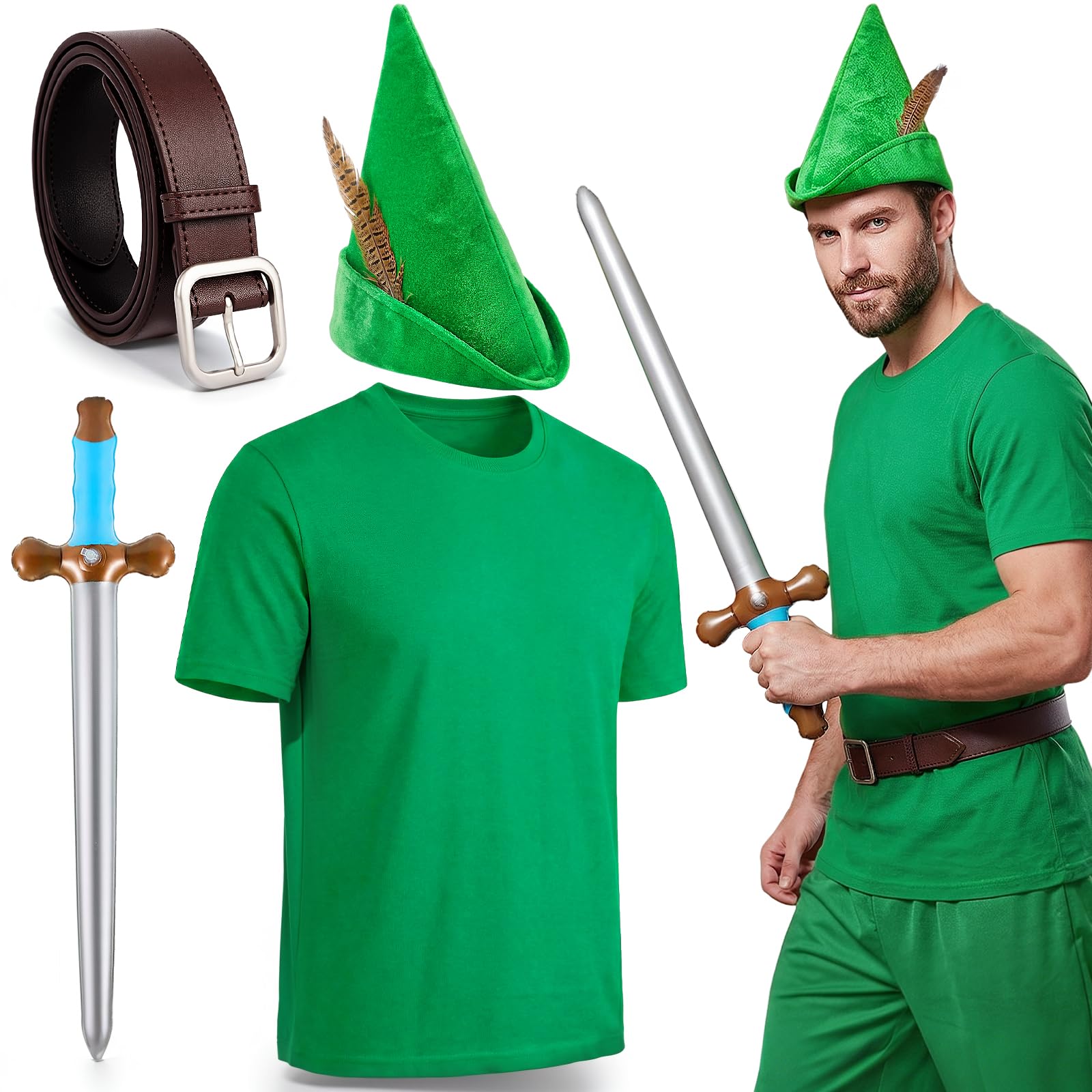 Kyndara 4Pcs Forest Hero Costume Set, Medieval Archer Cosplay Outfit with Green T-Shirt Pointed Hat Belt Inflatable Props for World Book Day Halloween Themed Parties