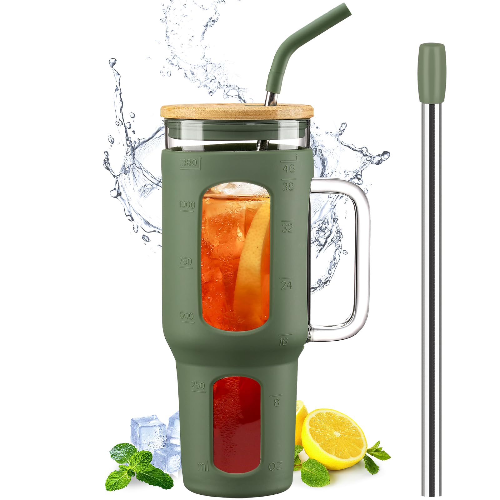 BLUEGO Tumbler becher mit Deckel und Strohhalmen, 1400ml Kaffeebecher To Go mit Henkel, Trinkbecher mit Silikonhülle, 1,4 L Tumbler becher mit 2 Strohhalmen, BPA-frei, Olive