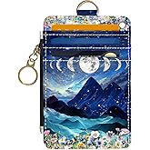 DATOUCAT Slim Wallet Credit Card Holder, Mountains and the Moon, RFID Wallet Women Cute Small Front Pocket Wallet With Zipper, PU Leather Thin travel RFID Blocking Card Case ID Window,Ladies Gifts