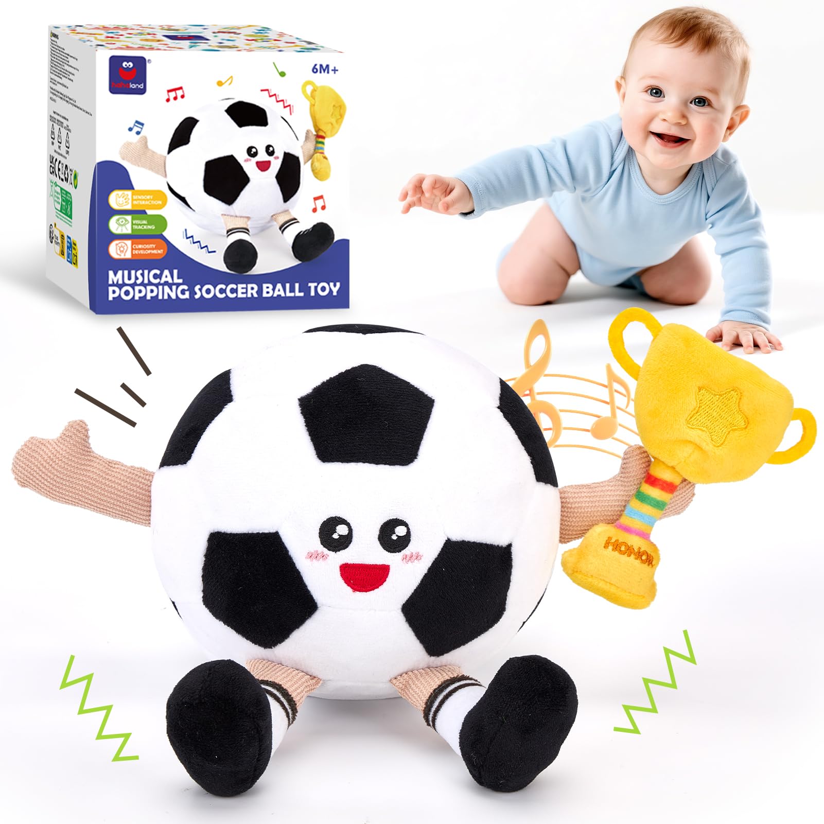 hahaland Baby Toys 6 to 12 Months, Crawling Soccer Plush Toy, Tummy Time Toys for Boys & Girls, Musical Dancing Bouncing Ball, Montessori Interactive Sensory Toys Gift for Crawling Walking learning