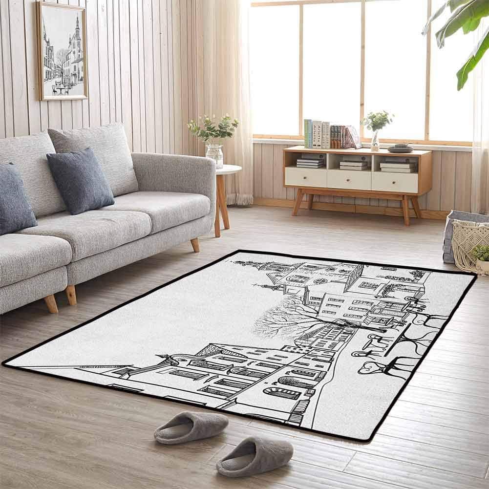 Cityscape Bedroom Rug 5'x7' Super Absorbent mud Street Cafe in Old City Houses Buildings Tree Alleyway Medieval Castle Landscape Black White