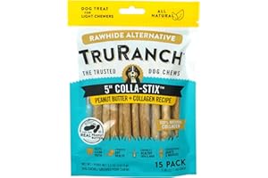 TRURANCH 5" Collagen Sticks, Peanut Butter, Healthy Joint Support Dog Treat, Rawhide Alternative, Skin & Coat Health, Made with Real Peanut Butter, 1 Bag, 15 Count