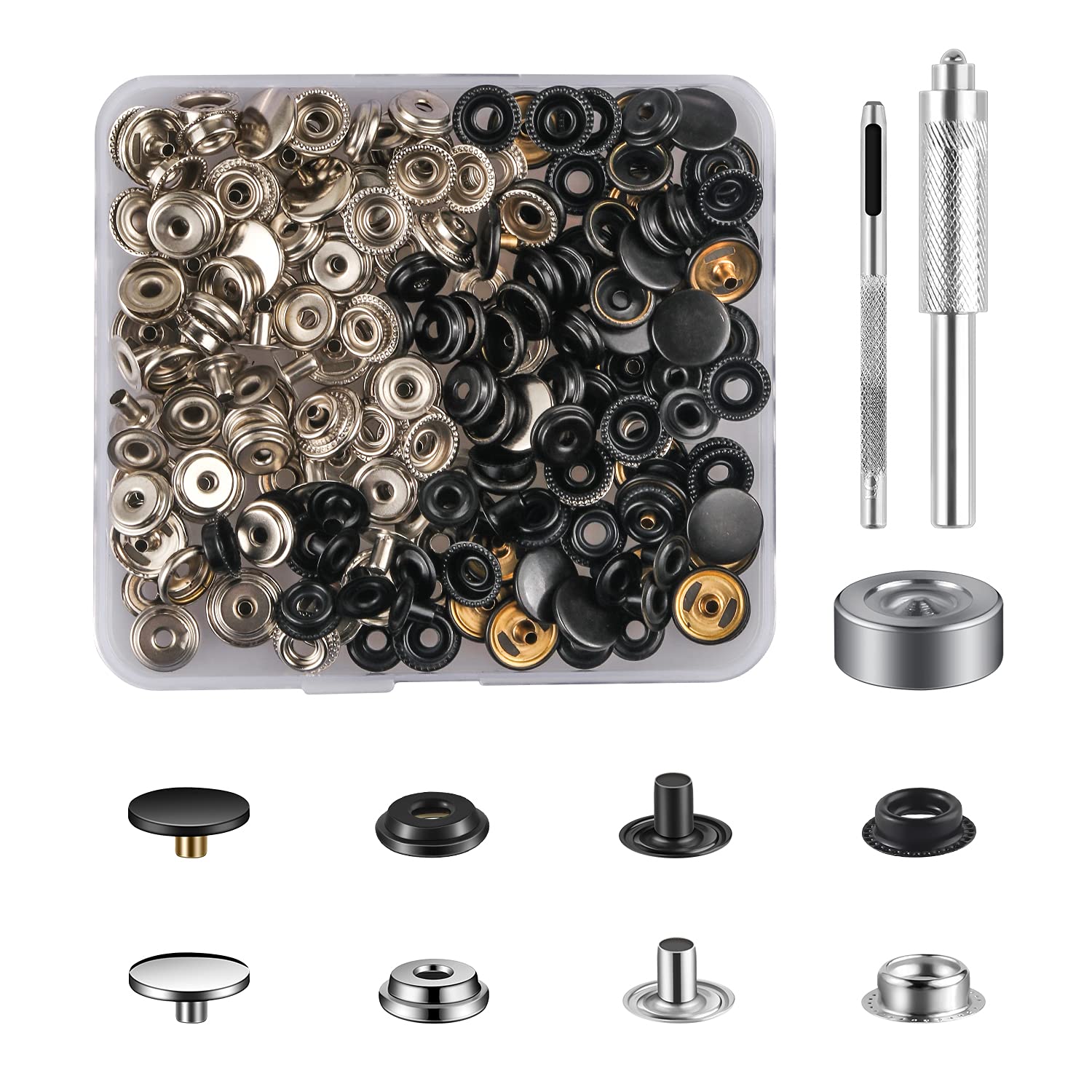 50 Sets Press Studs Cap Button, MSDADA Stainless Steel Snap Fasteners Kit with Hand Fixing Tools, Instant Metal Buttons No-Sew Clips Snap for Bags, Jeans, Clothes, Fabric, Leather Craft (Black+Silver)