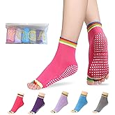 ZIDUEBIL Women's Toe Separator Yoga Socks 5-Pack - Non-Slip Grips, Barefoot Pilates Socks with Open Toes, Breathable Cotton for Barre, Dance, Studio - Fits US 5.5-9.5 + Storage Bag