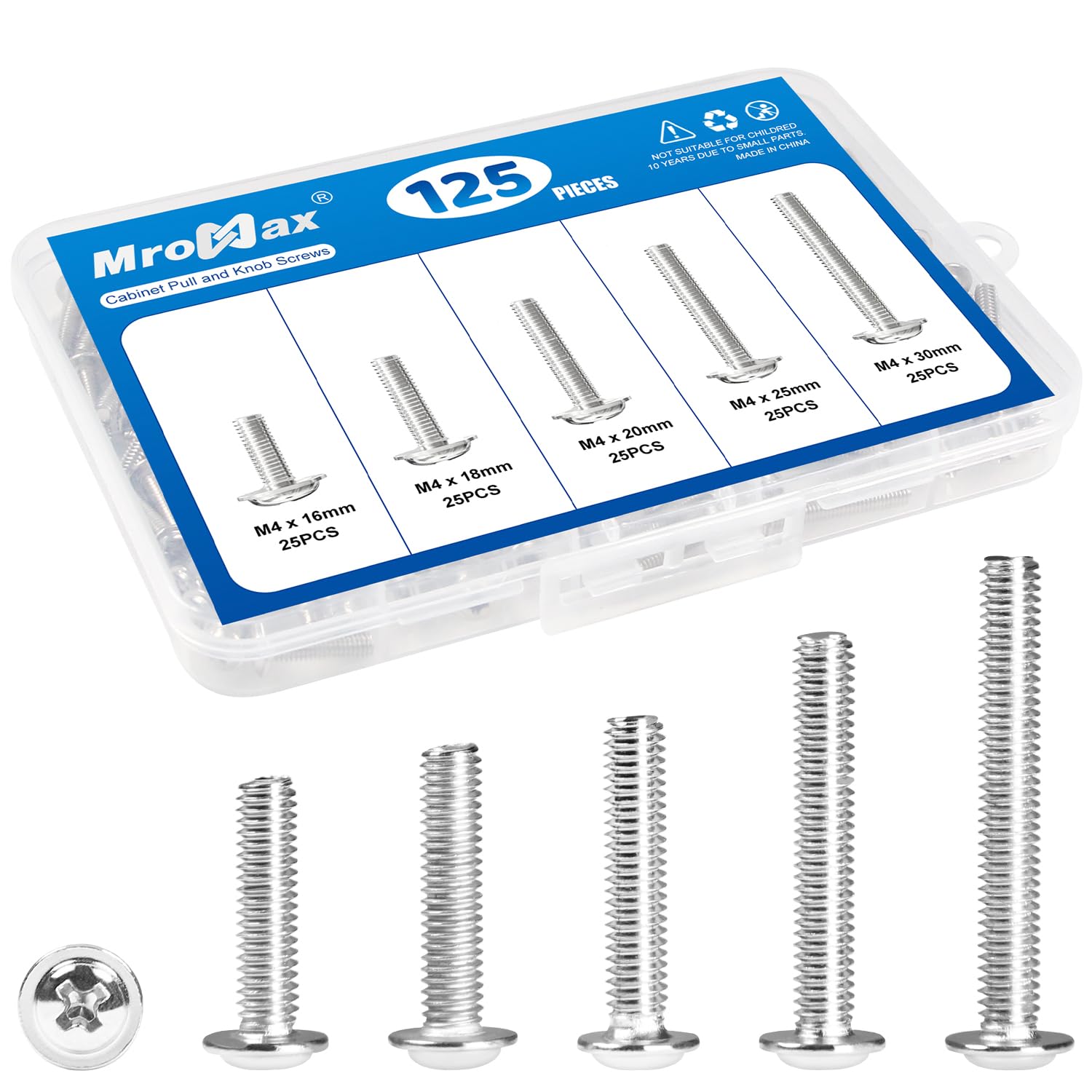 Photo 1 of 125Pcs Cabinet Pulls Knobs Screws, M4 Machine Screws Assortment Kit, M4x16/18/20/25/30mm, Metal Phillips Machine Screws with Pan Washer Head for Drawer, Cupboard, Closet Handle Installation