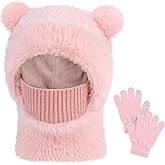 ZOORON Kids Winter Hat Gloves Scarf Set- Kids Beanie Mask with Cute Bear Pom Warm Fleece- Neck Warmer Fleece Lined Set