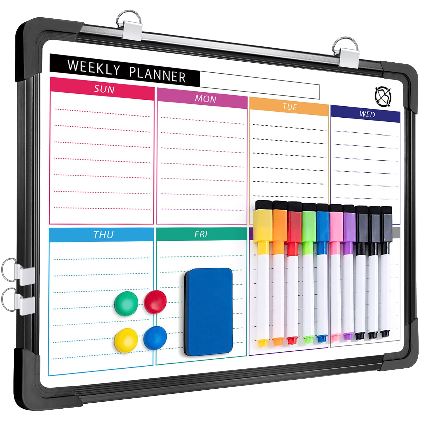 ARCOBIS Weekly Planner White Board for Wall, 30 X 40cm Small Hanging Magnetic Whiteboard Calendar, Double-Sided Dry Erase to Do List Board for Planning, Memo, Message (Black Frame)