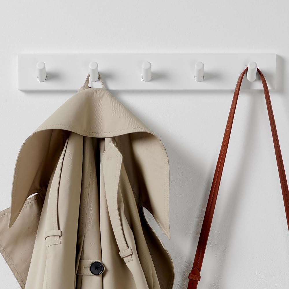 LARHN White Coat Hooks Wall Mounted Rack with 5 Hooks 43 cm All Fixings Included