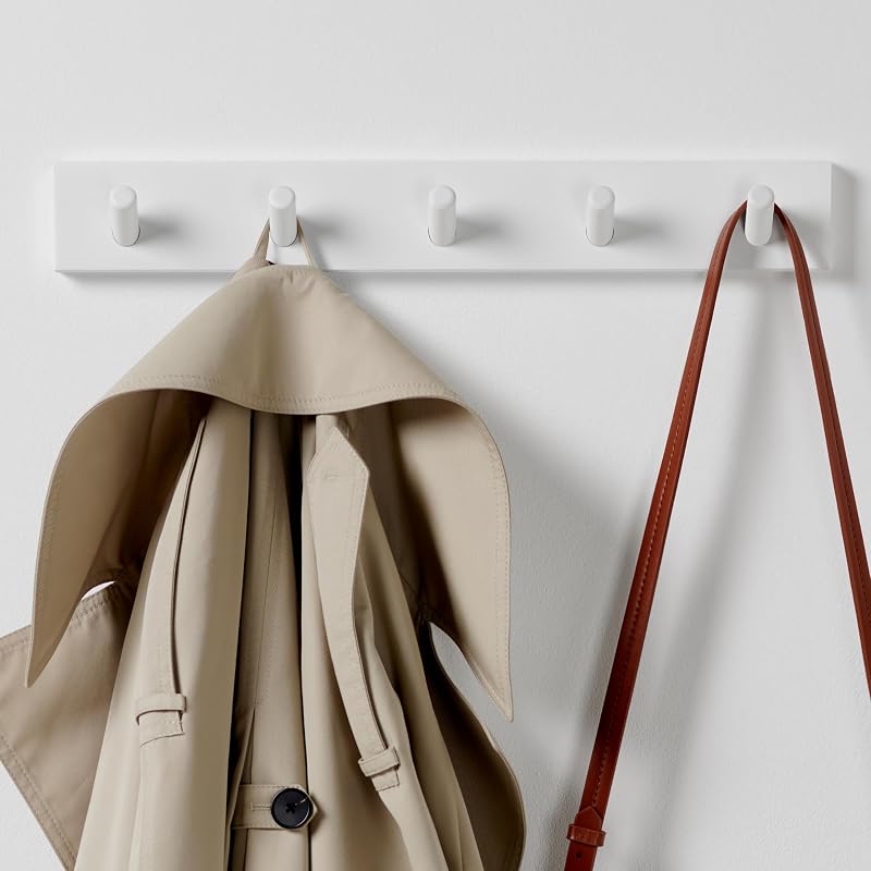 LARHN White Coat Hooks Wall Mounted Rack with 5 Hooks 43 cm All Fixings Included