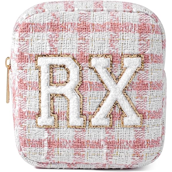 Bolsa De Maquillaje Preppy Inicial Personalizada Pequeña Bolsa De Carta De Chenilla De Viaje Linda Rosado