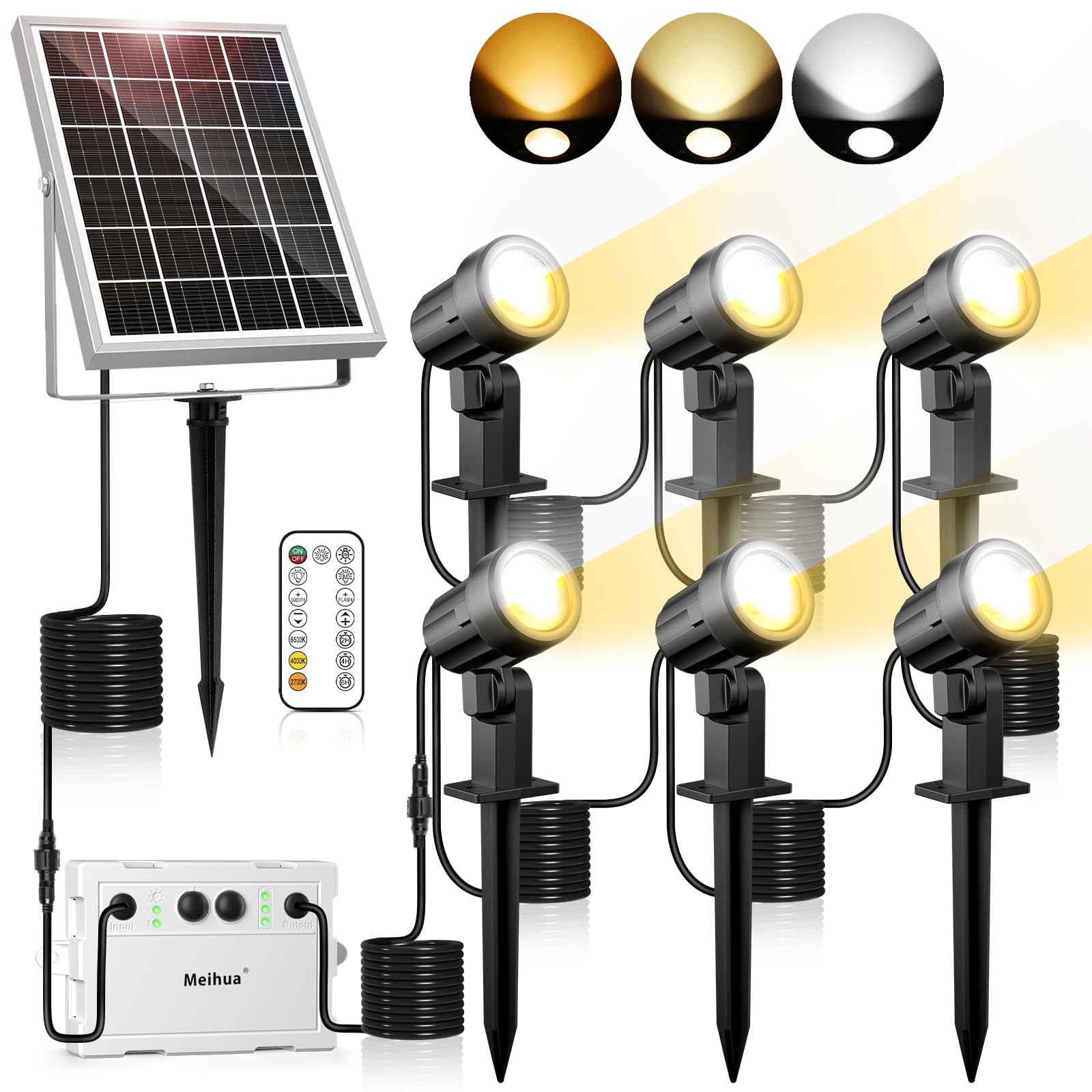 MEIHUA 6 in 1 Solar Spotlights Outdoor Garden, Solar Powered Spike Lights 2700K/4000K/6500K with Remote Control, IP66 Waterproof Solar Landscape Spotlights for Yard Lawn Tree Statue Patio Balcony