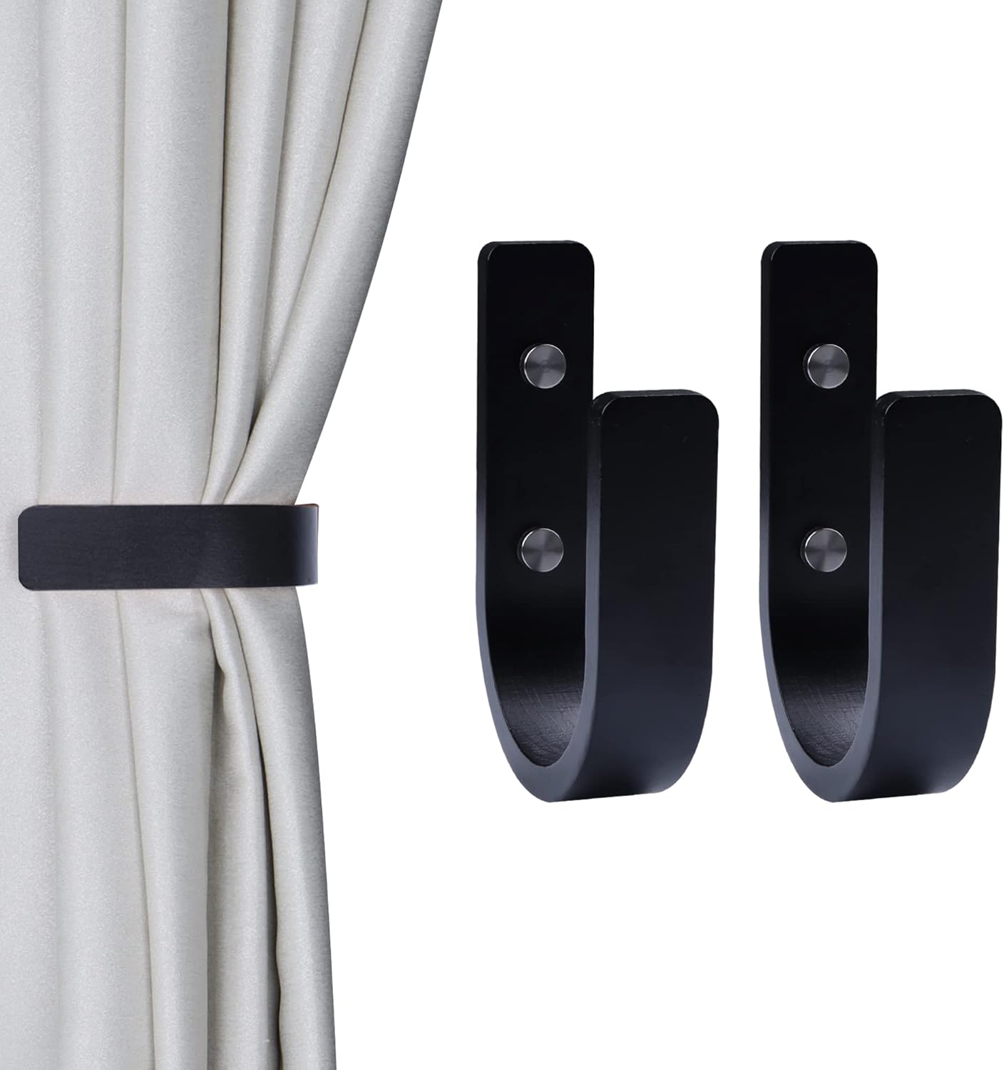 Window Treatment Hardware - OCIOLI 2 Pieces Curtain Tiebacks Wood Curtain Holdbacks U Shaped Curtain Hooks Curtain Tie Backs Wall Mount Curtain Holder Curtain Pull Backs Tie Backs for Curtains (Black, 2)