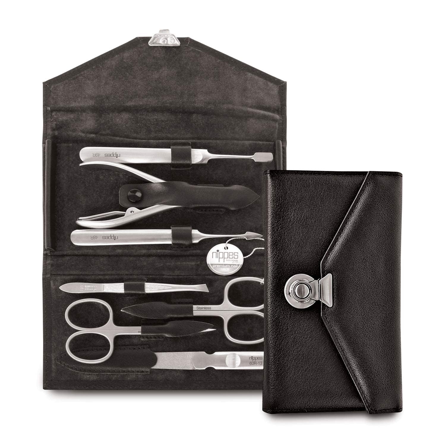 nippes Solingen Manicure Set Locks, 7 Pieces, Stainless Steel Nickel & Rust-Proof, Genuine Cowhide Leather Nail Case in Black, Nail Care Set, Made in Solingen/Germany