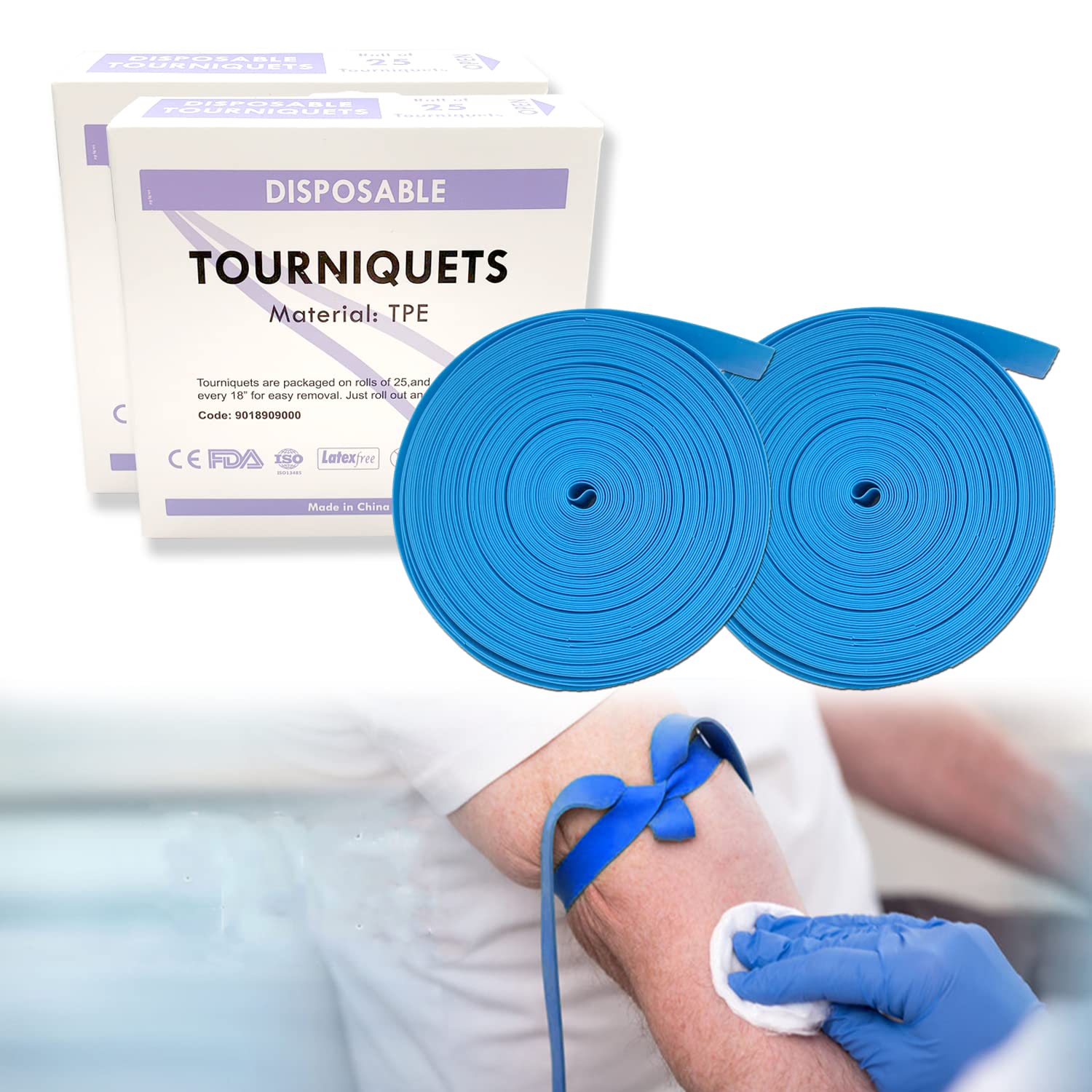 Med Tourniquet - Disposable, Latex Free, TPE, 18 Inch Long, 4 Rolls of 100 pcs, Blue (2)
