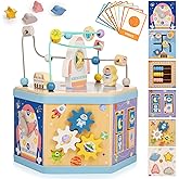 Gleamkid Large Wooden Space Activity Cube Toys, 9-in-1 Early Educational Montessori Learning Toys for 2 3 4 Toddlers with Abacus Bead Maze for 24+ Months Boys Girls First Birthday