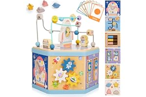 Gleamkid Large Wooden Space Activity Cube Toys, 9-in-1 Early Educational Montessori Learning Toys for 2 3 4 Toddlers with Abacus Bead Maze for 24+ Months Boys Girls First Birthday
