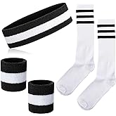 NANXJIUR 5 Pieces Sweatband Striped Sock Set Sports Headband Wristbands High Tube Socks 80s Accessories for Men Women