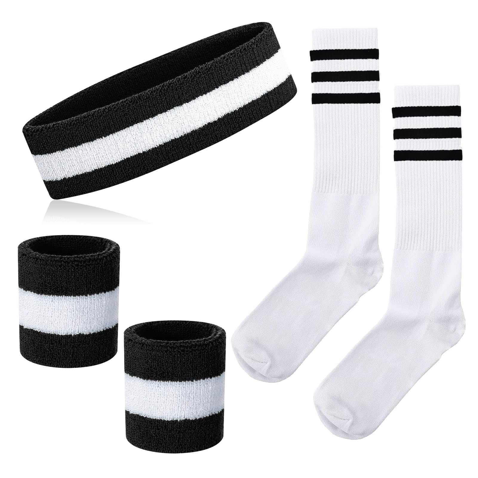 NANXJIUR 5 Pieces Sweatband Striped Sock Set Sports Headband Wristbands High Tube Socks 80s Accessories for Men Women 80s Costumes Theme Party Striped Sock Set (Black/White/Black)