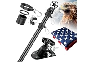 HANGMAICOME American Flag with Pole Kit - 5ft Heavy Duty Stainless Steel Flagpole for Outside House,3x5 Embroidered US Flags,Tangle-Free Outdoor, Metal Holder Mount Bracket for Residential Porch,Wall -Black