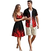 DRESSFO Couple Matching Hawaiian Outfits Gothic Print V Neck Spaghetti Strap Dress or Roll Up Sleeve Shirts Outfit