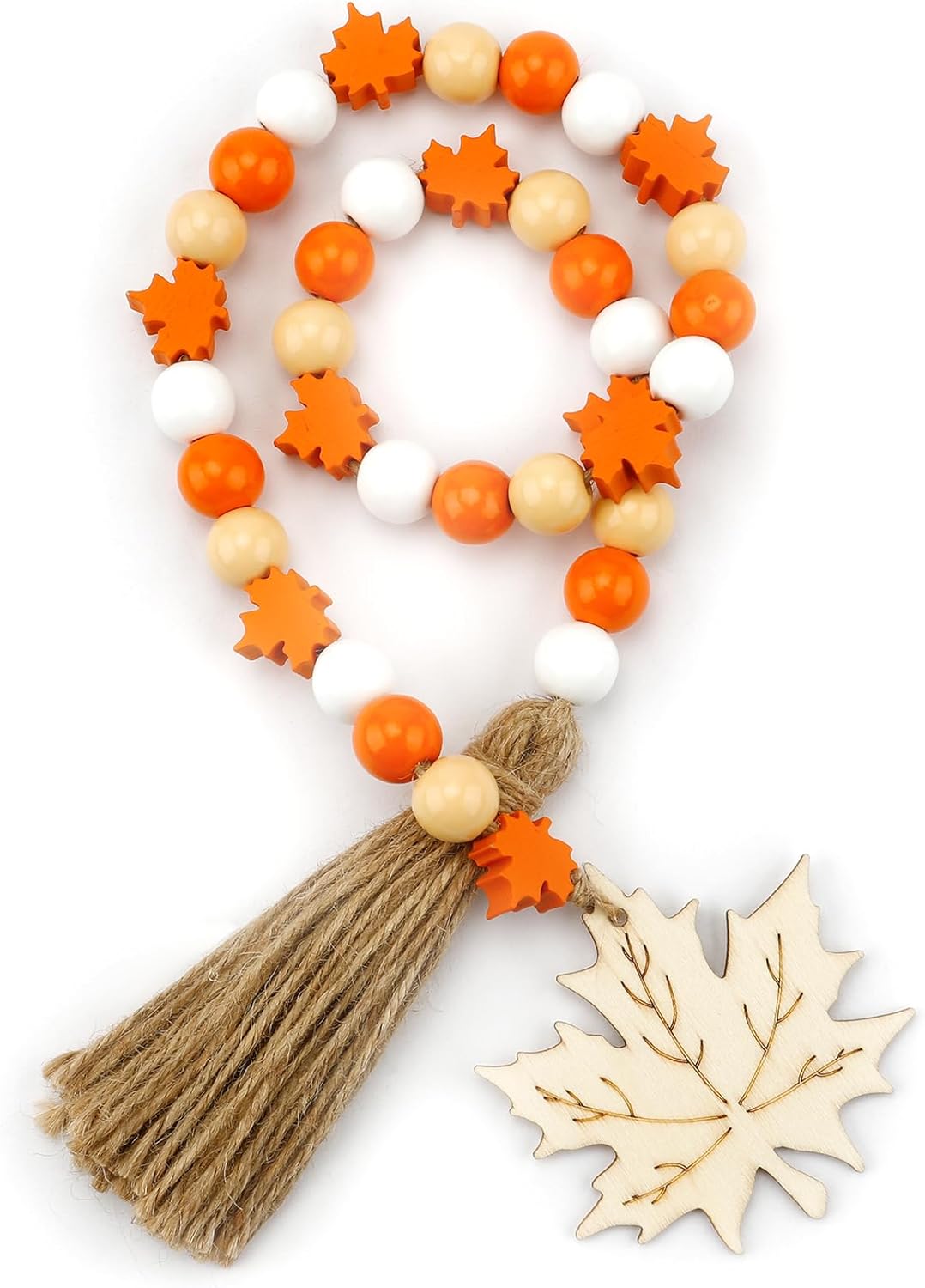 Wreaths, Garlands & Swags - Thanksgiving Orange Fall Wood Bead Garland with Tassels Maple Leaf Tag Farmhouse Beads Decor Natural, Wooden Prayer Bead Decorative Tassel Garland for Tier Tray Boho Wall Party Christmas Decorations