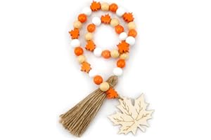DAYOFUN Thanksgiving Orange Fall Wood Bead Garland with Tassels Maple Leaf Tag Farmhouse Beads Decor Natural, Wooden Prayer Bead Decorative Tassel Garland for Tier Tray Boho Wall Party Christmas Decorations