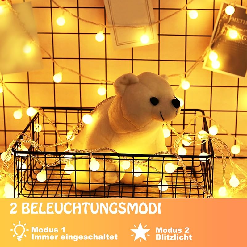 LED Lichterkette Batterie, 6M 40 LEDs Lichterketten Warmweiß 2 Modus Balkon Lichterketten Kugeln für Garten, Zimmer, Hochzeit, Party, Weihnachten Deko — Foto 5 von 7