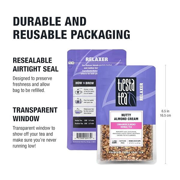 TIESTA TEA – NUTTY ALMOND CREAM, PREMIUM LOOSE LEAF, CINNAMON ALMOND HERBAL TEA BLEND, NON-CAFFEINATED, MAKE HOT OR ICED & BREWS UP TO 25 CUPS, 2.1 OUNCE RESEALABLE POUCH