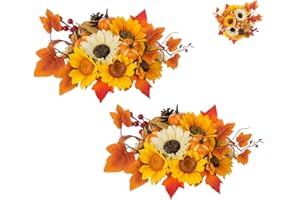 BLOSMON Fall Flowers Centerpieces Artificial Decoration 2 Pcs Sunflowers Maple Leaf Fall Fake Flower Ball Arrangements Table Center Pieces Silk Floral for Wedding Home Thanksgiving Party DIY Decor
