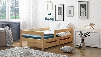 WNM Group Felix Kinderbett aus Massivholz mit Schubladen und Lattenrost (Natürliche, 80 x 160 cm)