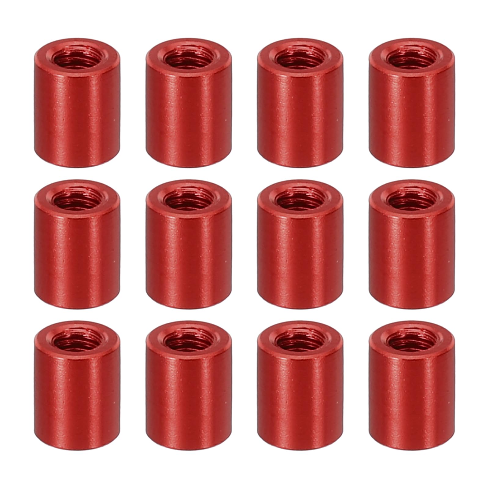 PATIKIL 12pcs M3 Metal Threaded Standoff Spacer Nuts, Round Aluminum Spacers Female Coupling Screws, 1/8" ID x 3/16" OD, Red, (6mm L)