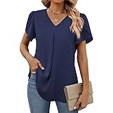 Funlingo Women's Summer Tops Short Sleeve Dressy Chiffon Blouses V Neck Work Tunic Tops Casual Loose T-Shirts
