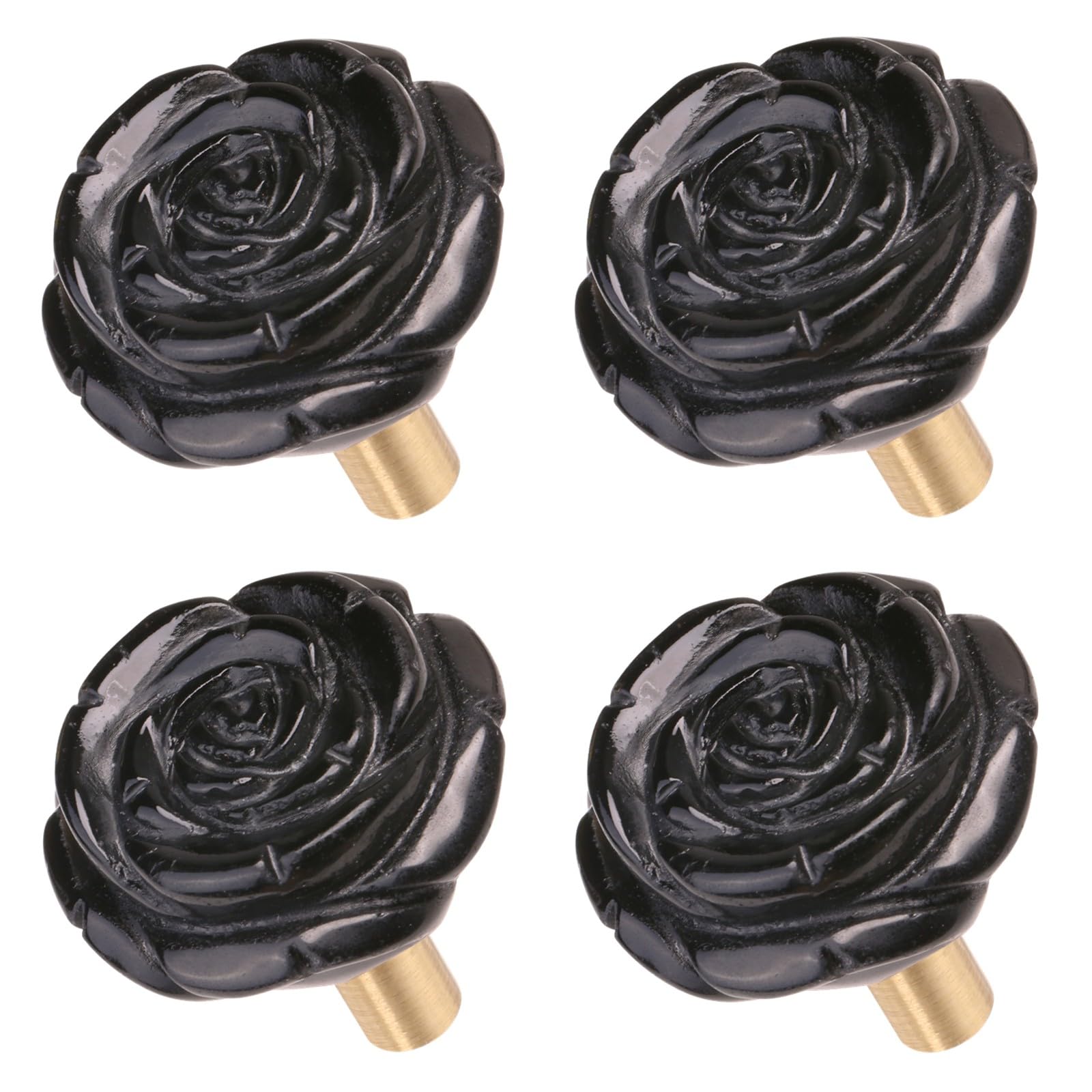 mookaitedecor Set of 4 Natural Black Obsidian Crystal Drawer Pulls and Knobs with Screws, Decorative Floral Rose Flower Stone Knob Handles for Cabinet Cupboard Kitchen Door Dresser