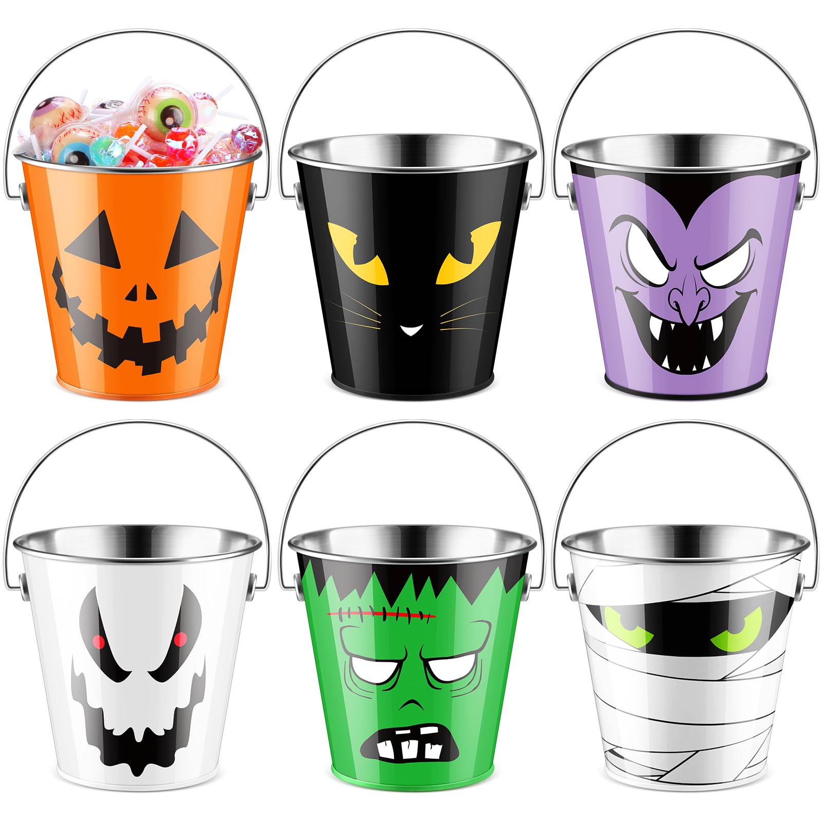 Photo 1 of 12 Pcs Halloween Bucket Metal Bulk Kids Party Favors Trick or Treat Pail with Handle Candy Treat Bucket Pumpkin Colored for Children Toy Christmas Birthday Supplies